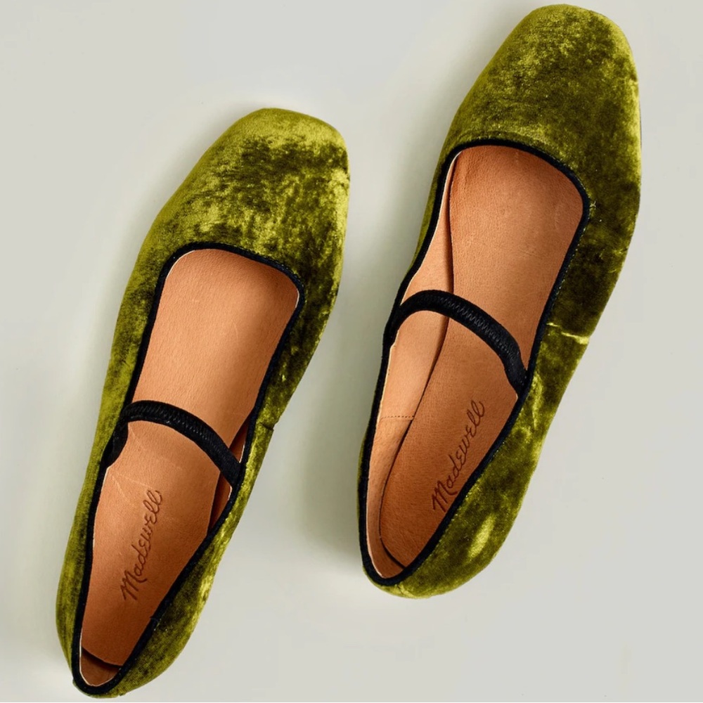 Madewell Greta Elastic Velvet Desert Olive Mary Jane Ballet Flats 7.5 NIB